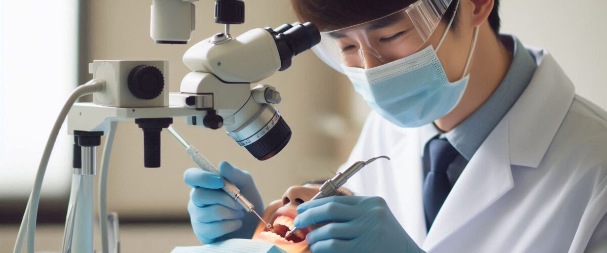 متخصص ریشه در حال درمان دندان بیمار با تجهیزات اندودانتیکس