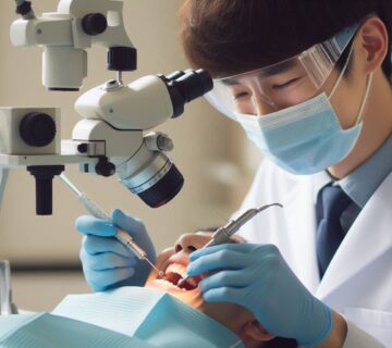 متخصص ریشه در حال درمان دندان بیمار با تجهیزات اندودانتیکس