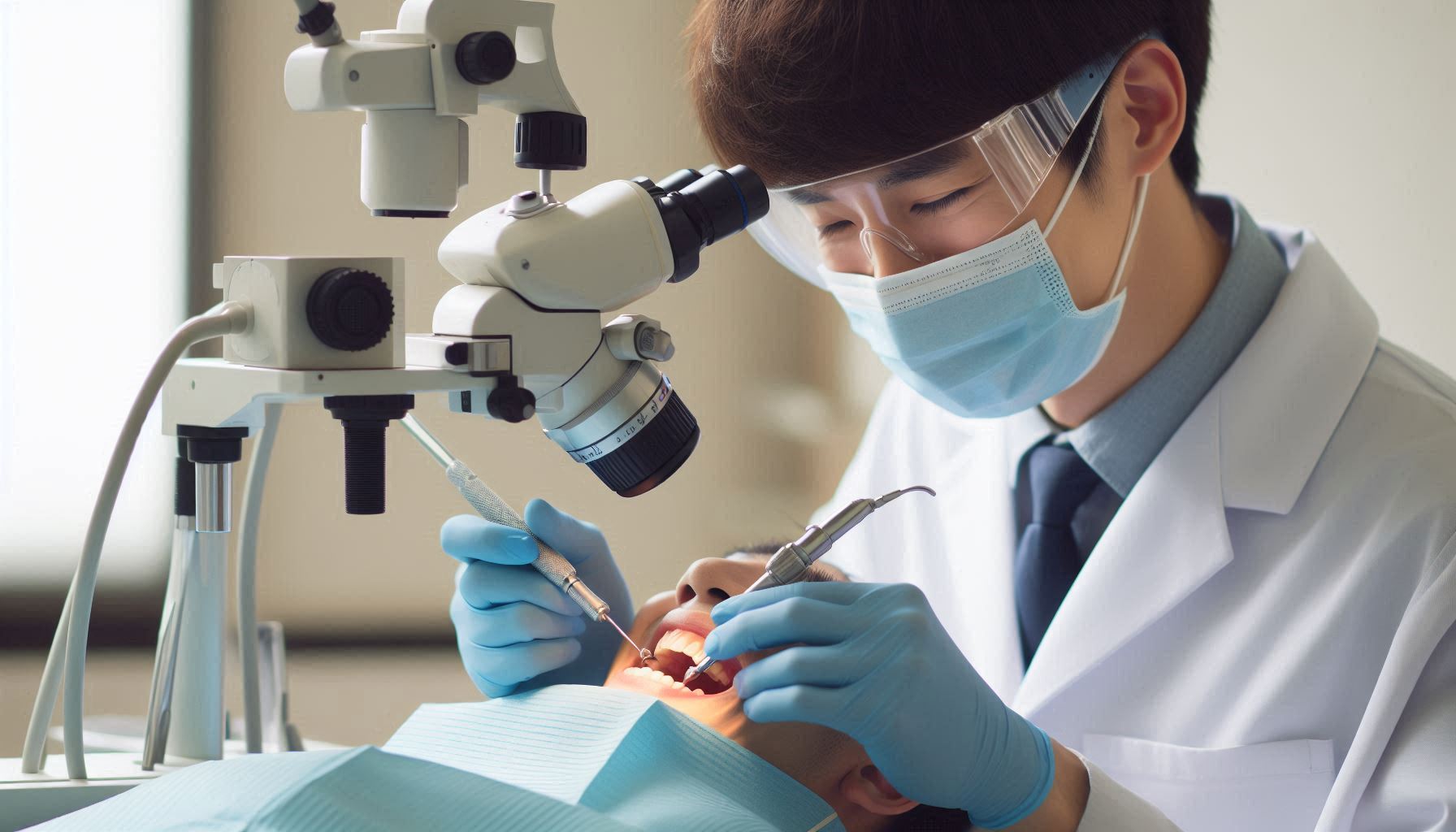 متخصص ریشه در حال درمان دندان بیمار با تجهیزات اندودانتیکس